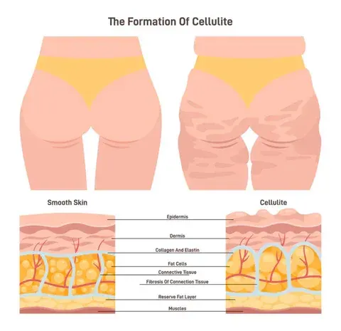 Illustration: how cellulite forms, smooth skin beside dimpled skin and the fat layers beneath