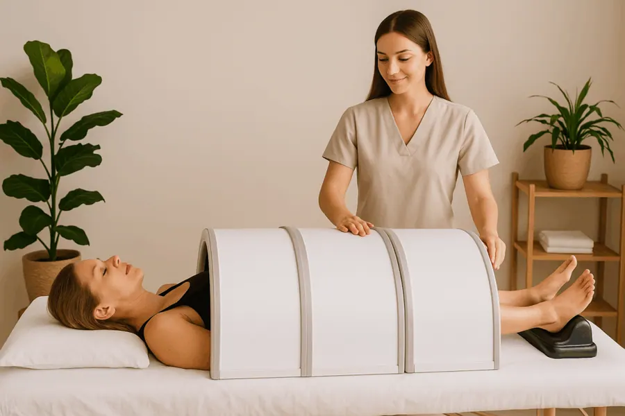 A client relaxing under a far infrared dome while a therapist checks on her